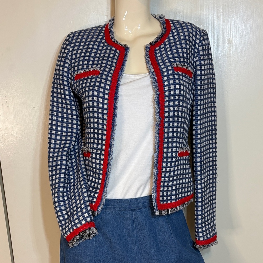 Chic Blue and Red Women's Tweed Blazer Sz 36